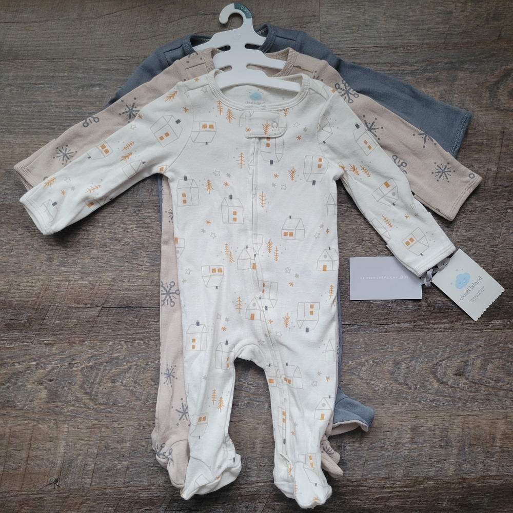 Baby pajamas 3 piece footed zip set cream, Gray, Tan cotton sz 0-3 m Cabincore
